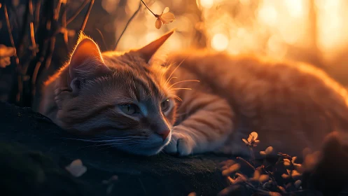 Cat Contemplates Twilight's Gossamer Petals Against Golden Glow