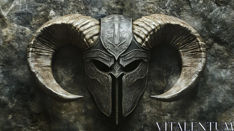 Engraved horned battle helmet rendered in gritty photorealism