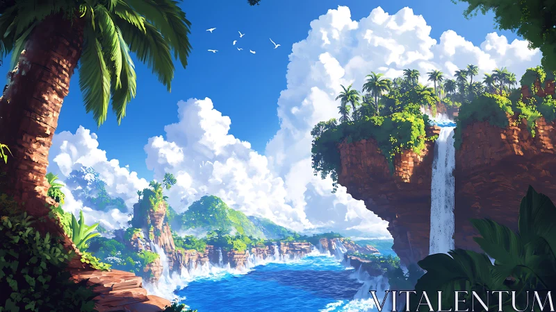 Fantasy Seascape with Tropical Cliffs and Waterfall.