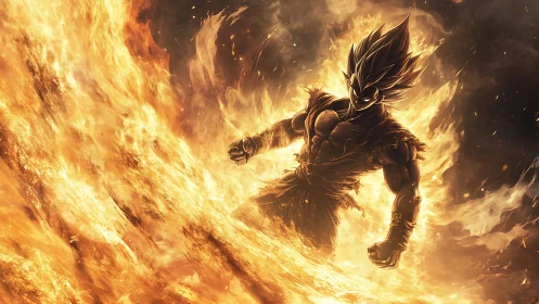 Dark-haired warrior in intense fire-lit energy field.
