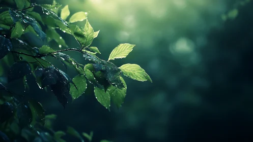 Wet green leaves in soft forest light after rainfall.