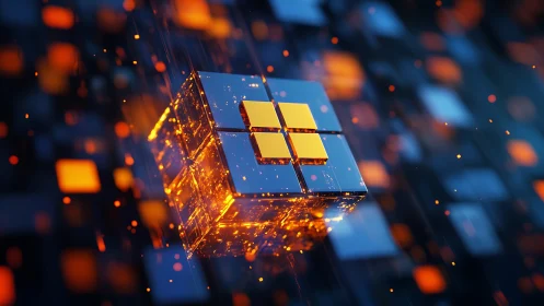 Central reflective cube structure displays four highlighted tiles