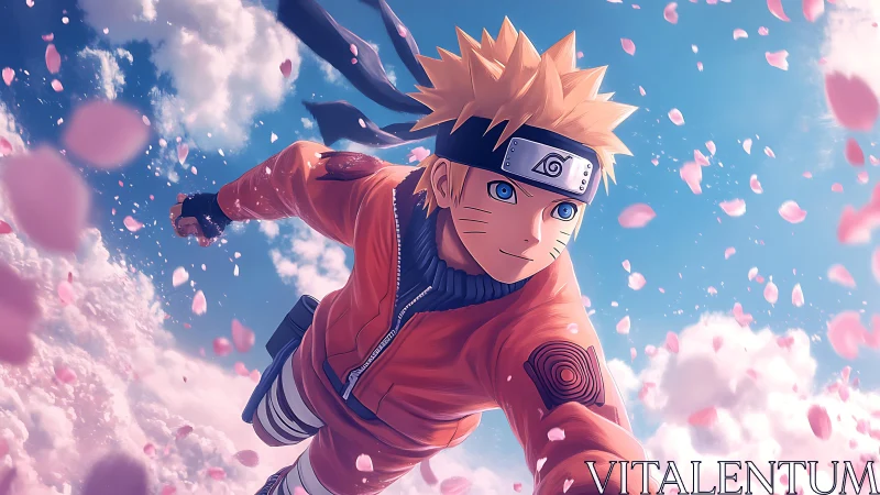 Bright-eyed ninja soars through cherry blossom filled sky