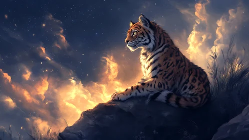 Majestic tiger rests on rocky ledge under glowing night sky