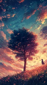 Solitary hillside tree under radiant twilight nebula sky.
