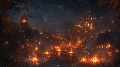 Medieval Castle City Engulfed in Flames at Twilight.