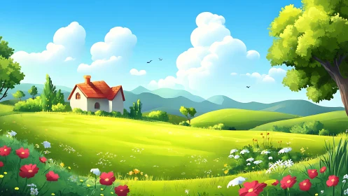 Sunlit rural meadow with stylized cottage and rolling hills.