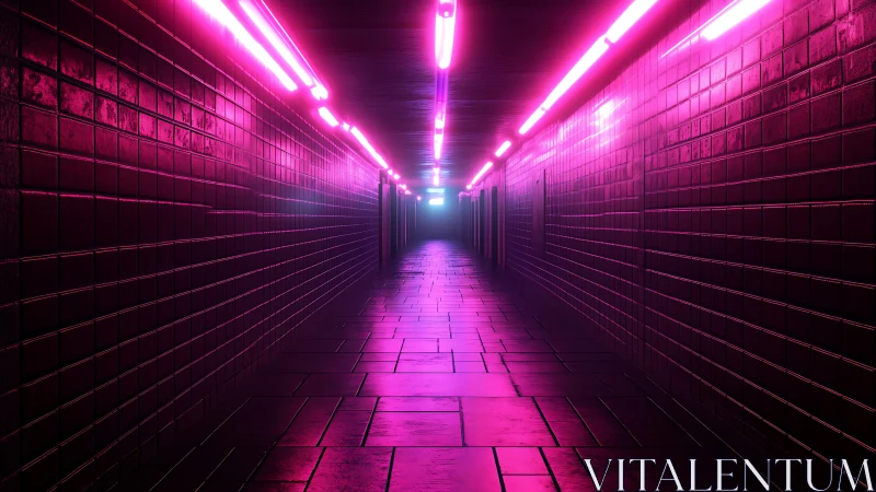 Neon illuminated tiled corridor with linear vanishing point.