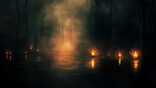 Candlelit mist over nocturnal swamp water with dense fog veil