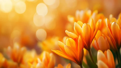 Golden Tulips Blooming Against Bokeh Light.