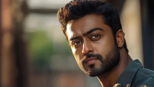 Close-up male portrait with shallow depth of field outdoors.