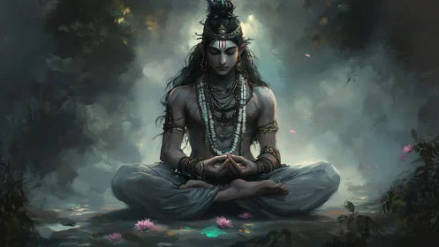 Meditating ascetic rendered with volumetric light and soft depth haze