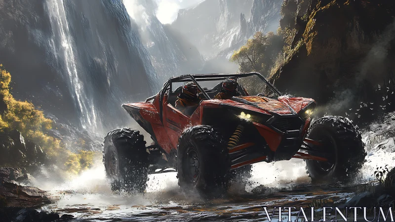 Dynamic off-road buggy under cinematic waterfall lightscape.