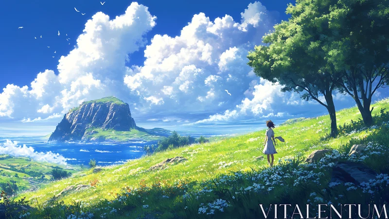 Girl on sunlit hill gazes toward distant sea island horizon.