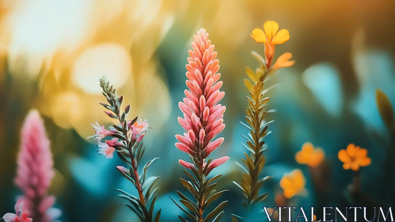 Blooming Flower Garden in Warm Golden Light.