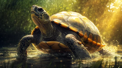 Golden light bathes a majestic turtle wading through water