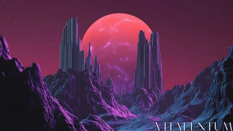 Neon alien city rises beneath a glowing crimson supermoon