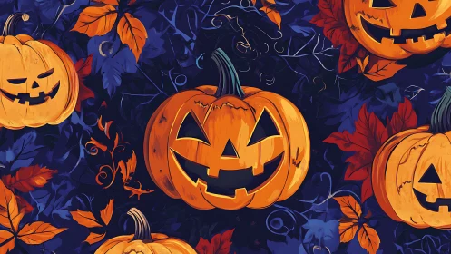 Jack o lantern pattern with vivid orange pumpkins on navy.