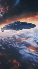 Stellar cruiser silhouetted above illuminated planetary horizon.