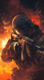 Tactical soldier advances through blazing combat inferno.