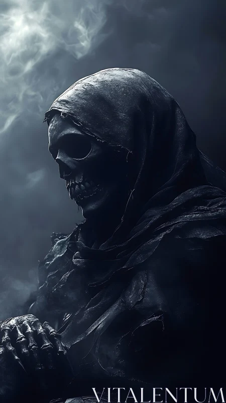 Mysterious hooded reaper resting in soft swirling shadow.