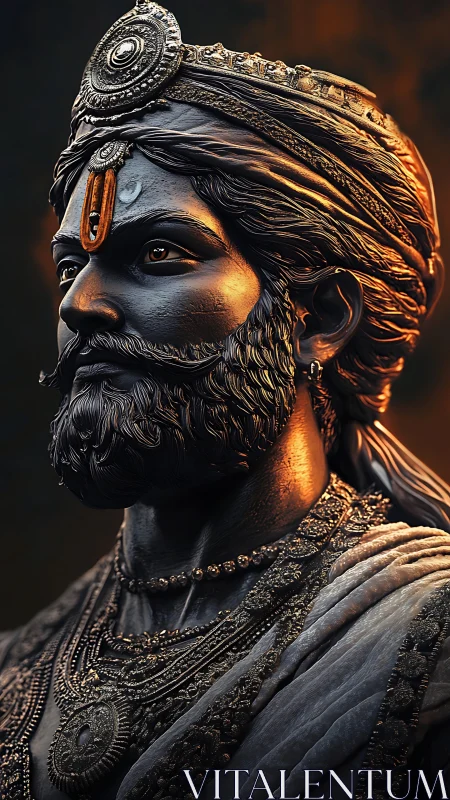 Regal bearded figure in ornate turban and detailed jewelry.