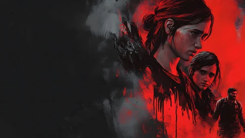 Portrait of tense girl and man over red and black background