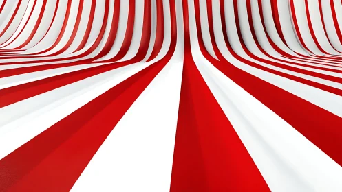 Red and white curved parallel stripes in abstract tunnel.
