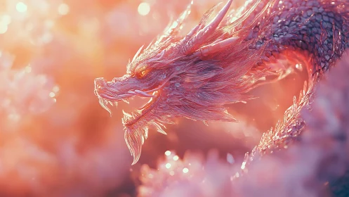 Translucent crystalline dragon head rendered with volumetric bokeh light