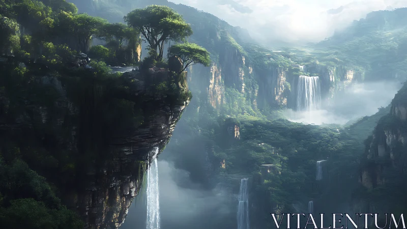 Misty cliffside waterfalls flowing through a lush green valley.