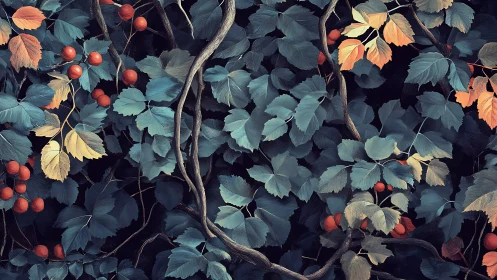Dense vine foliage with red berries and twisted branches.