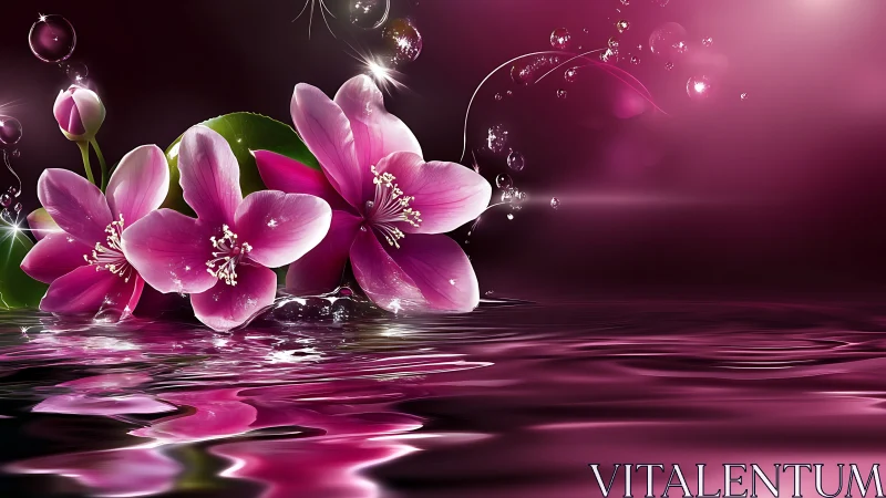 Pink Orchids with Water Reflection and Bubbles.