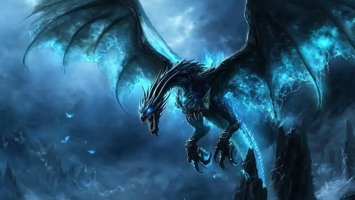 Storm-lit ice dragon unleashes blue flame over frozen peaks