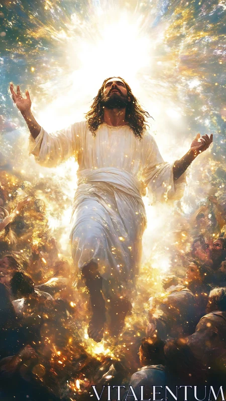 Radiant ascension amid celestial light and reverent crowd.