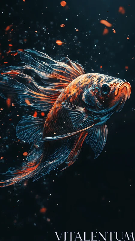 Vibrant betta fish glows in dark water with ember sparks