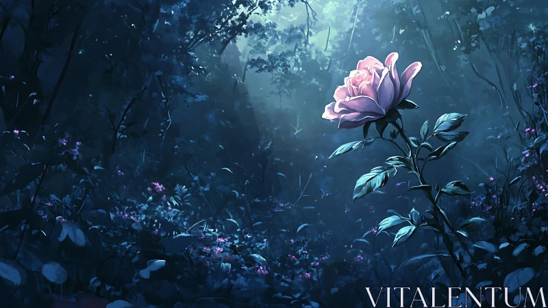 Soft pink forest rose glows gently in the moonlit shadows