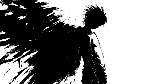 Shadowed anime figure dissolves into abstract black ink