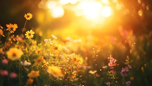 Wildflower meadow in warm golden sunset light glow.