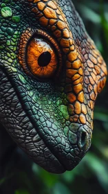 Reptile eye glows through intricate emerald scales closeup