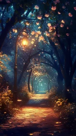 Nocturnal garden path with lamppost bokeh and volumetric lighting