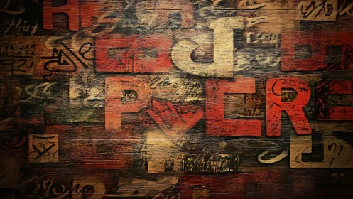 Textured wooden typography collage with bold distressed letters.
