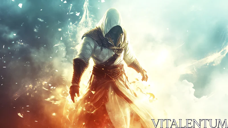 Hooded warrior walks through swirling light and rising fire