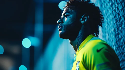 Side-lit footballer in neon teal bokeh under shallow depth of field