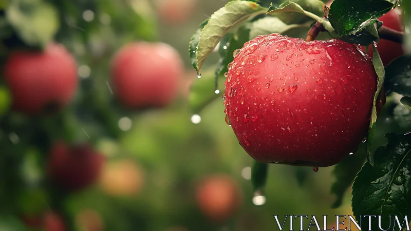 Photorealistic close-up of rain-kissed red apple on branch.