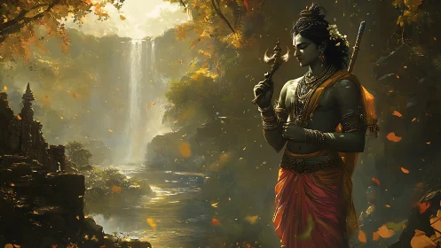 Forest warrior listens to waterfall whispers in golden dusk