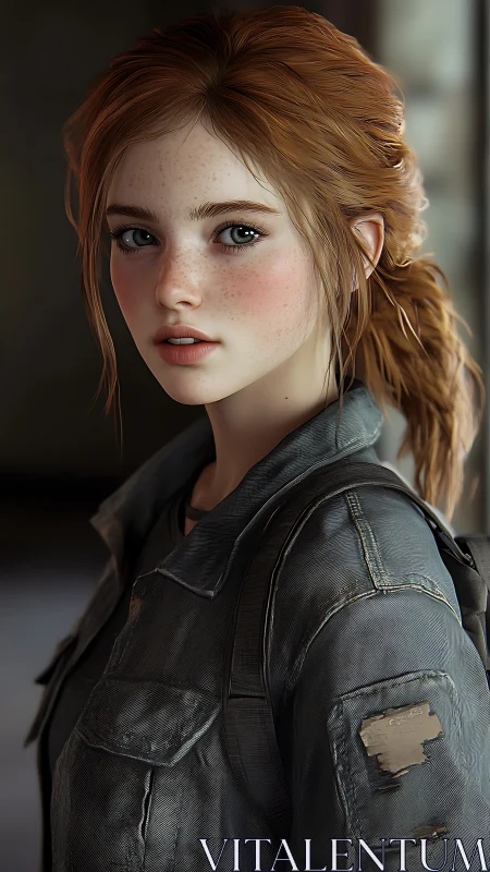 Red-haired survivor girl gazes ahead in worn jacket portrait.