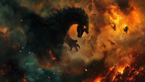 Colossal fire dragon silhouetted in infernal storm.