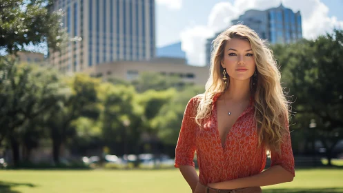 Confident woman stands in sunny urban park setting.