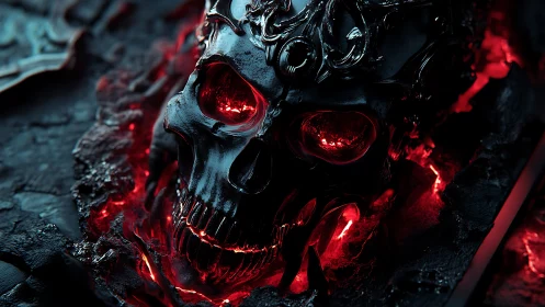 Ember-crowned obsidian skull smolders in molten crimson gloom.