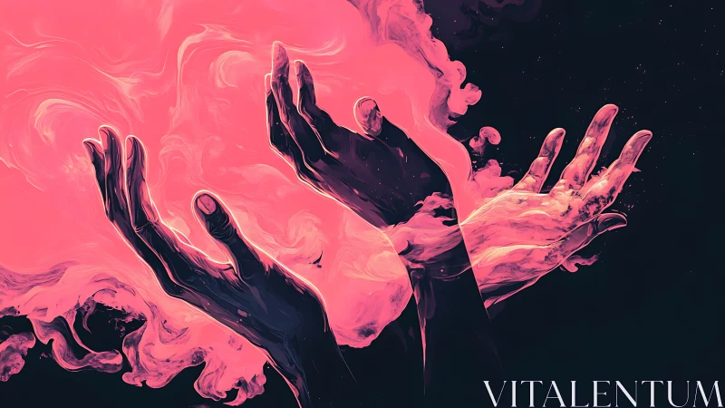 Abstract luminous hands emerging through neon vapor field.